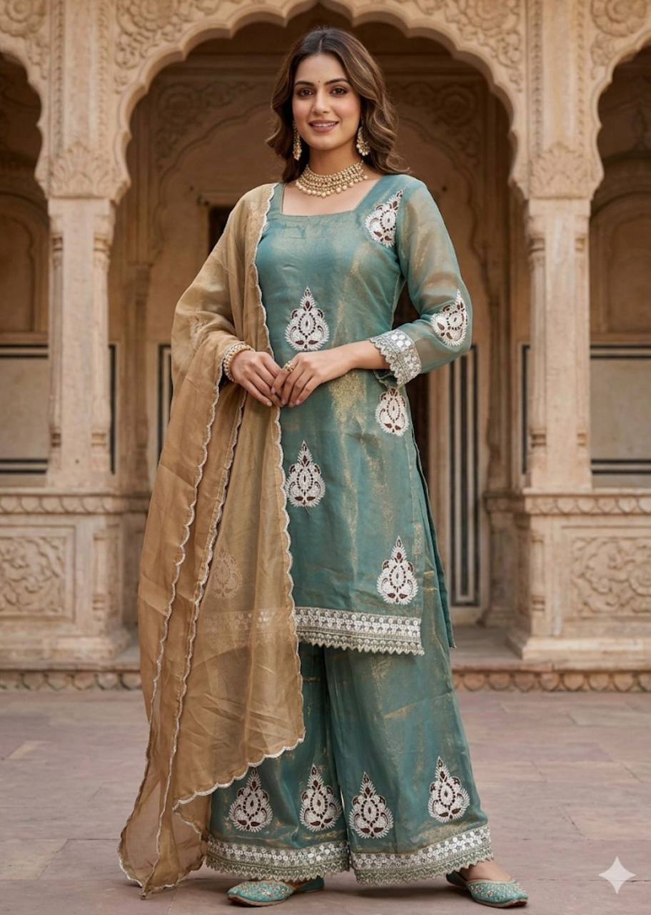 Blissful Green Color Embroidered Work Palazzo Suit