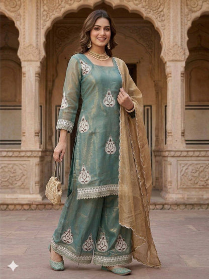 Blissful Green Color Embroidered Work Palazzo Suit
