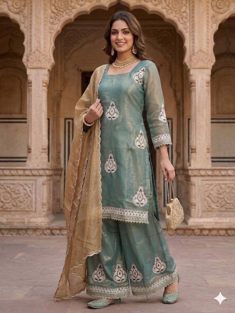 Blissful Green Color Embroidered Work Palazzo Suit