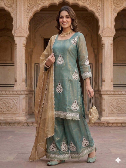 Blissful Green Color Embroidered Work Palazzo Suit