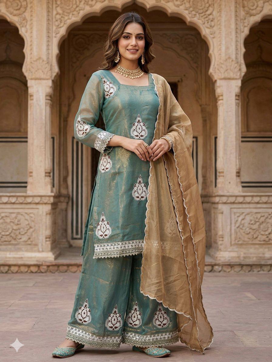 Blissful Green Color Embroidered Work Palazzo Suit