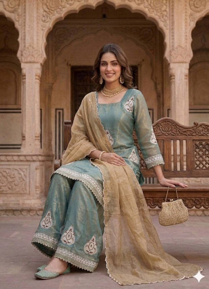 Blissful Green Color Embroidered Work Palazzo Suit