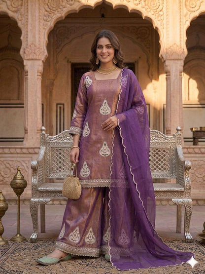 Imposing Purple Color Sequence Embroidered Work Palazzo Suit