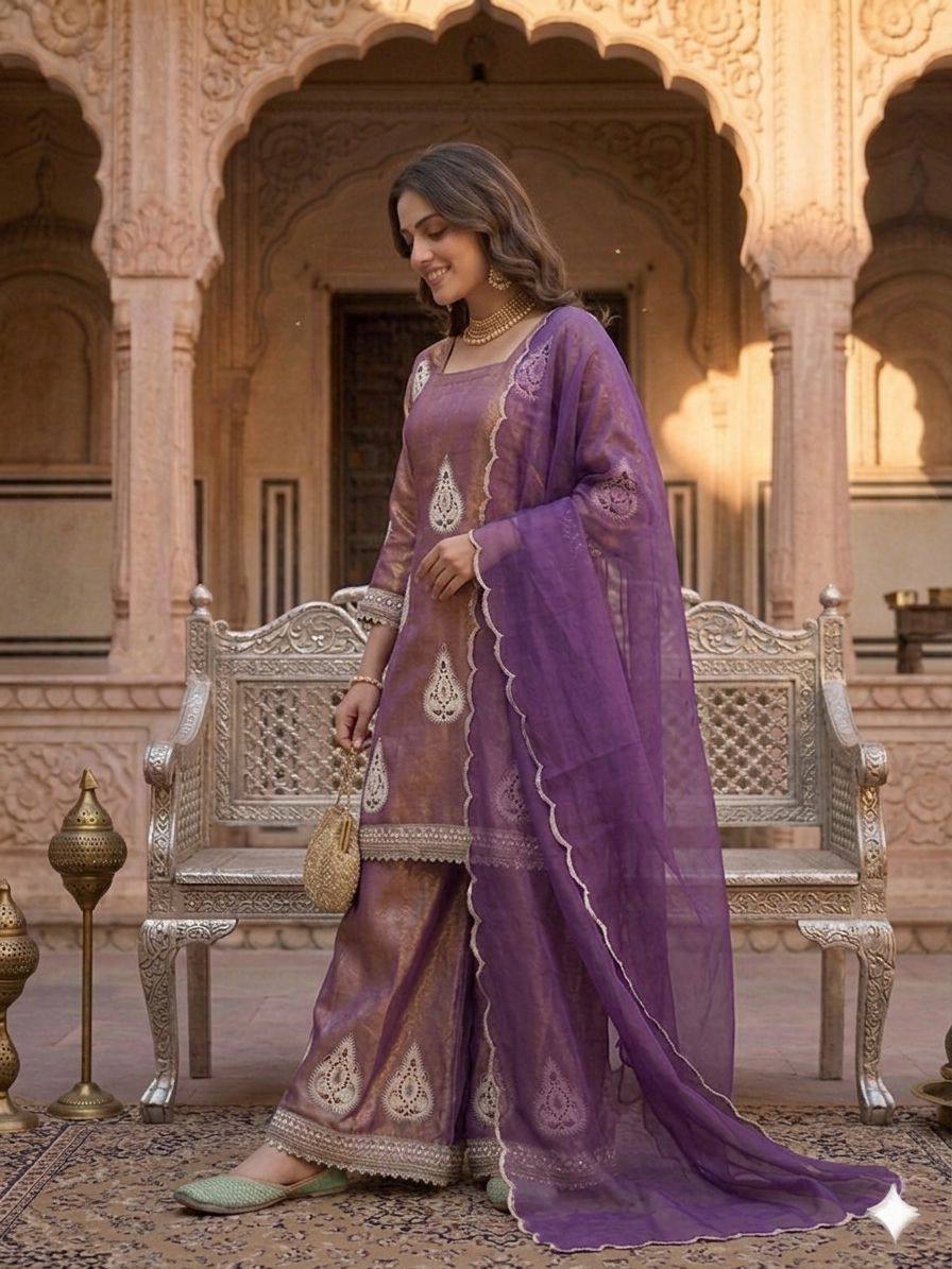 Imposing Purple Color Sequence Embroidered Work Palazzo Suit