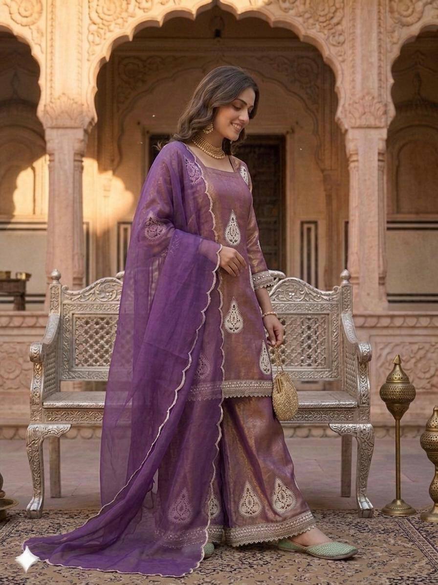 Imposing Purple Color Sequence Embroidered Work Palazzo Suit