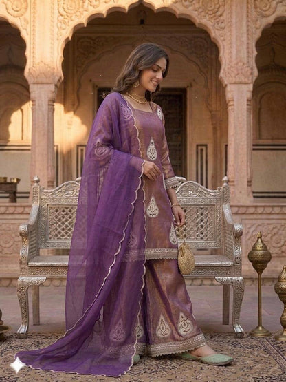 Imposing Purple Color Sequence Embroidered Work Palazzo Suit