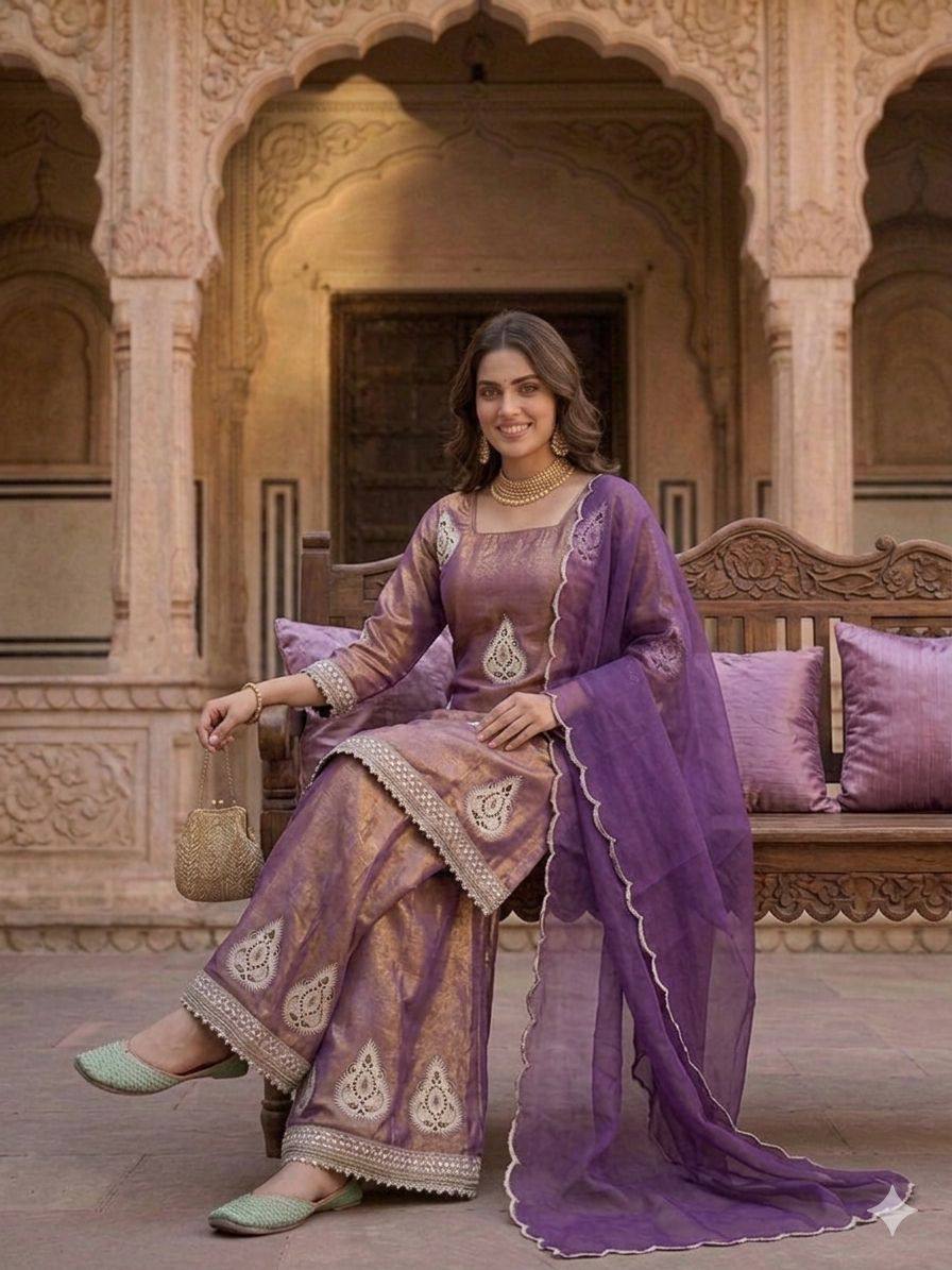 Imposing Purple Color Sequence Embroidered Work Palazzo Suit