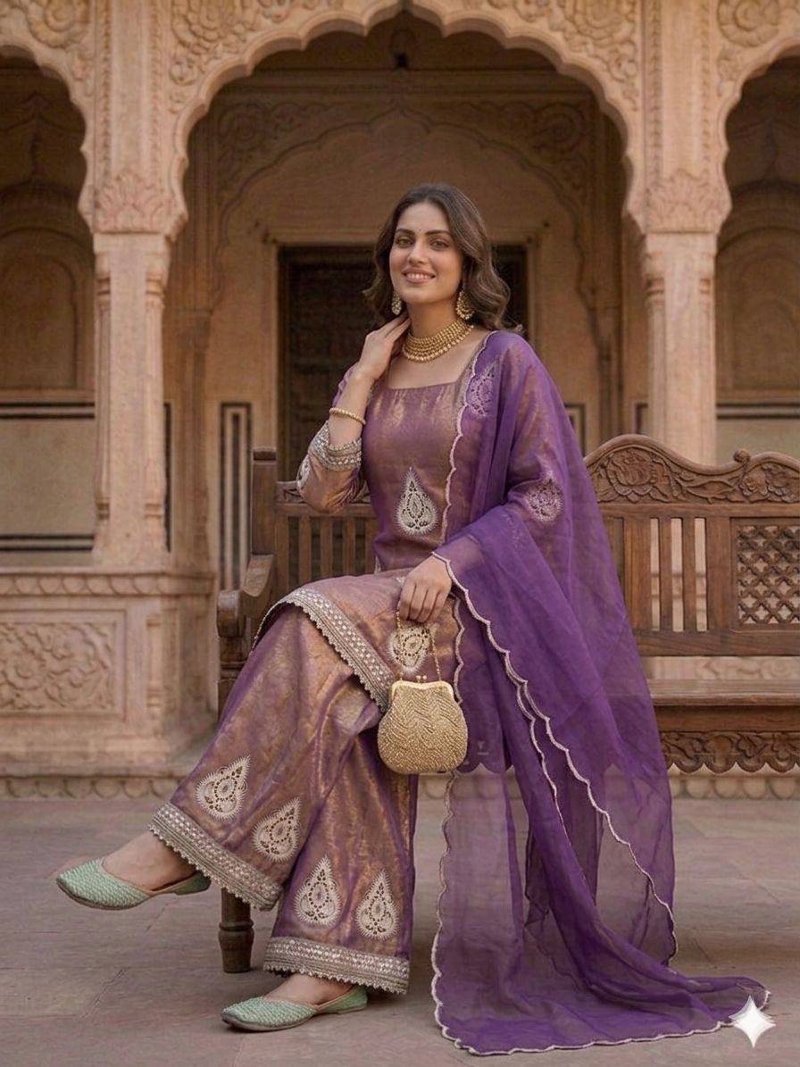 Imposing Purple Color Sequence Embroidered Work Palazzo Suit