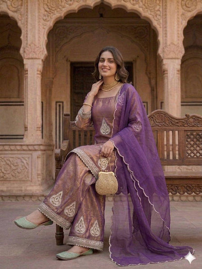 Imposing Purple Color Sequence Embroidered Work Palazzo Suit