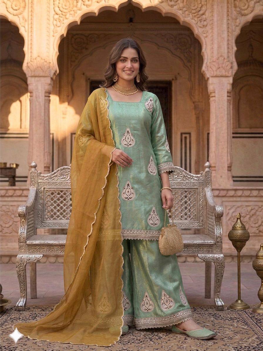 Lovely Light Green Color Embroidered Work Palazzo Suit