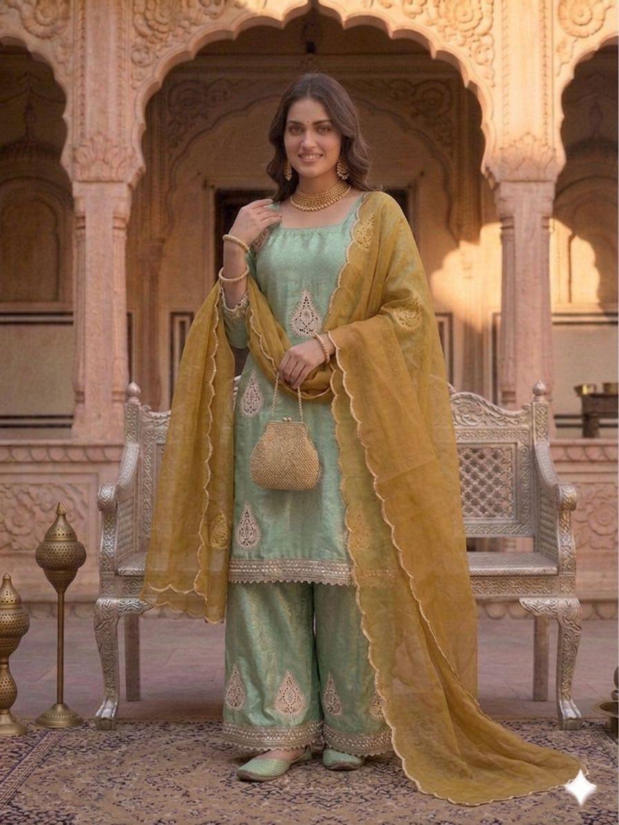 Lovely Light Green Color Embroidered Work Palazzo Suit