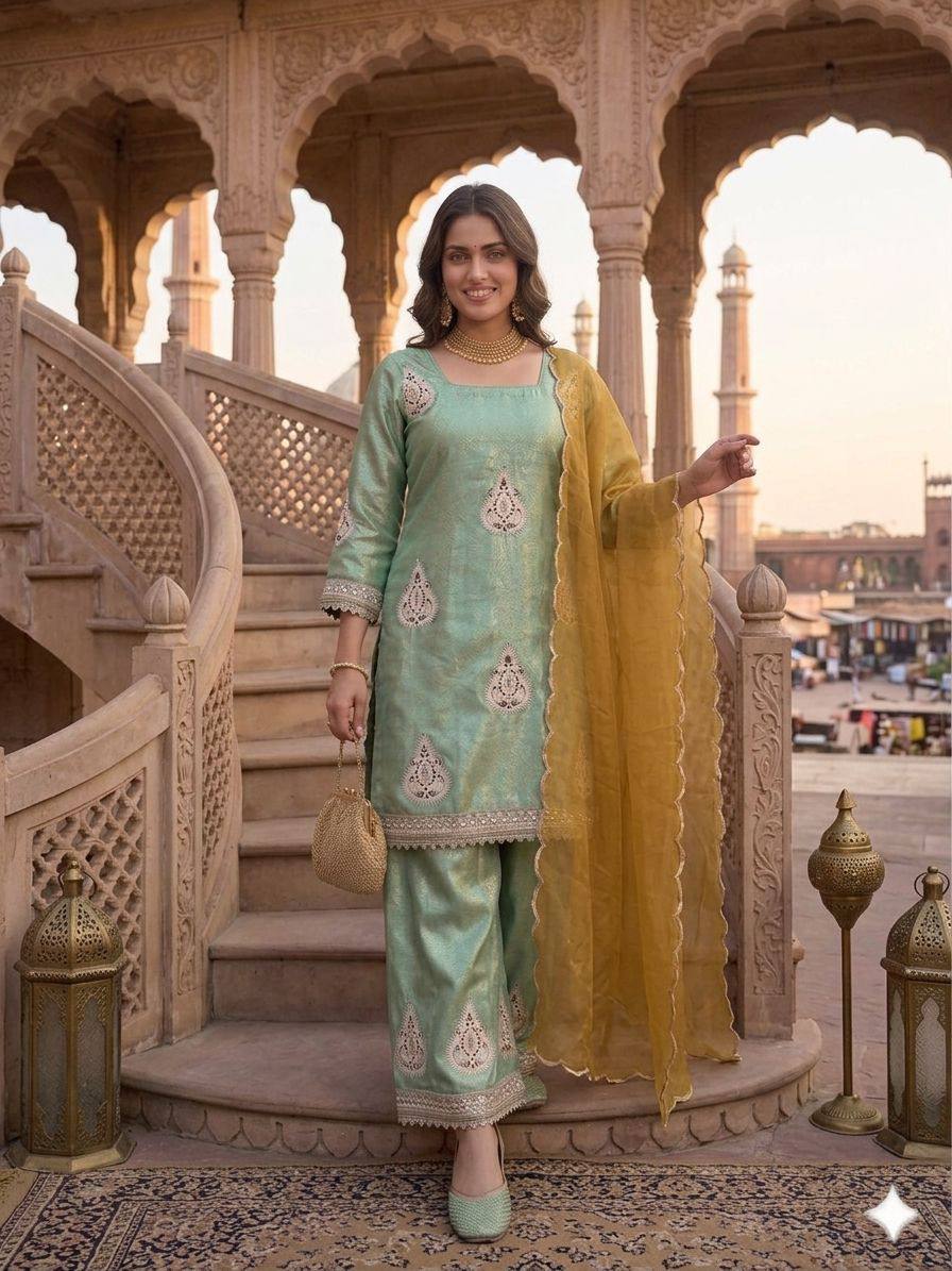 Lovely Light Green Color Embroidered Work Palazzo Suit