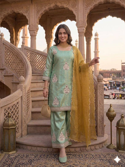 Lovely Light Green Color Embroidered Work Palazzo Suit