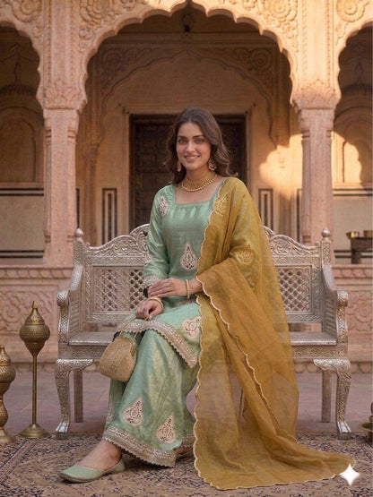 Lovely Light Green Color Embroidered Work Palazzo Suit