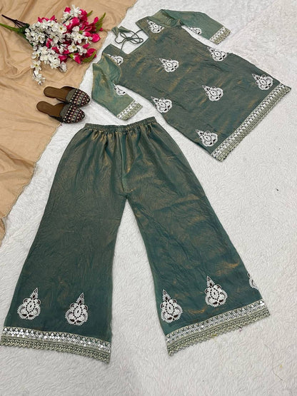 Blissful Green Color Embroidered Work Palazzo Suit