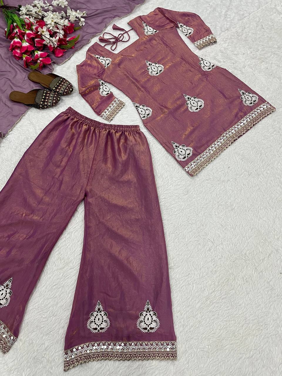 Imposing Purple Color Sequence Embroidered Work Palazzo Suit