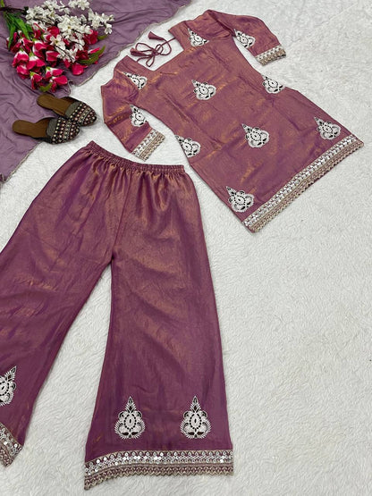 Imposing Purple Color Sequence Embroidered Work Palazzo Suit