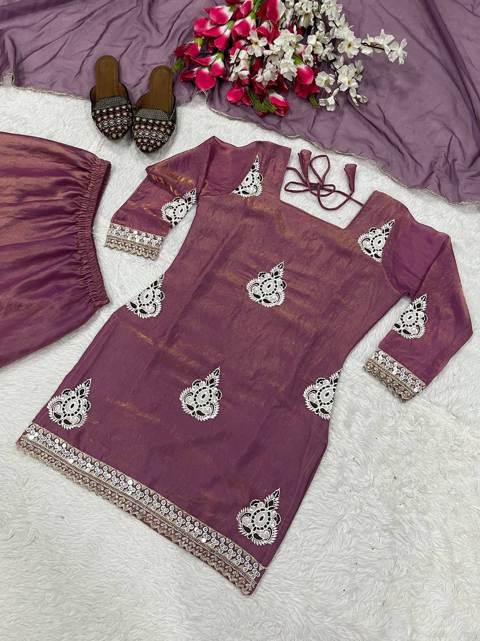 Imposing Purple Color Sequence Embroidered Work Palazzo Suit