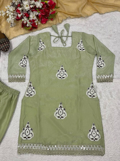 Lovely Light Green Color Embroidered Work Palazzo Suit