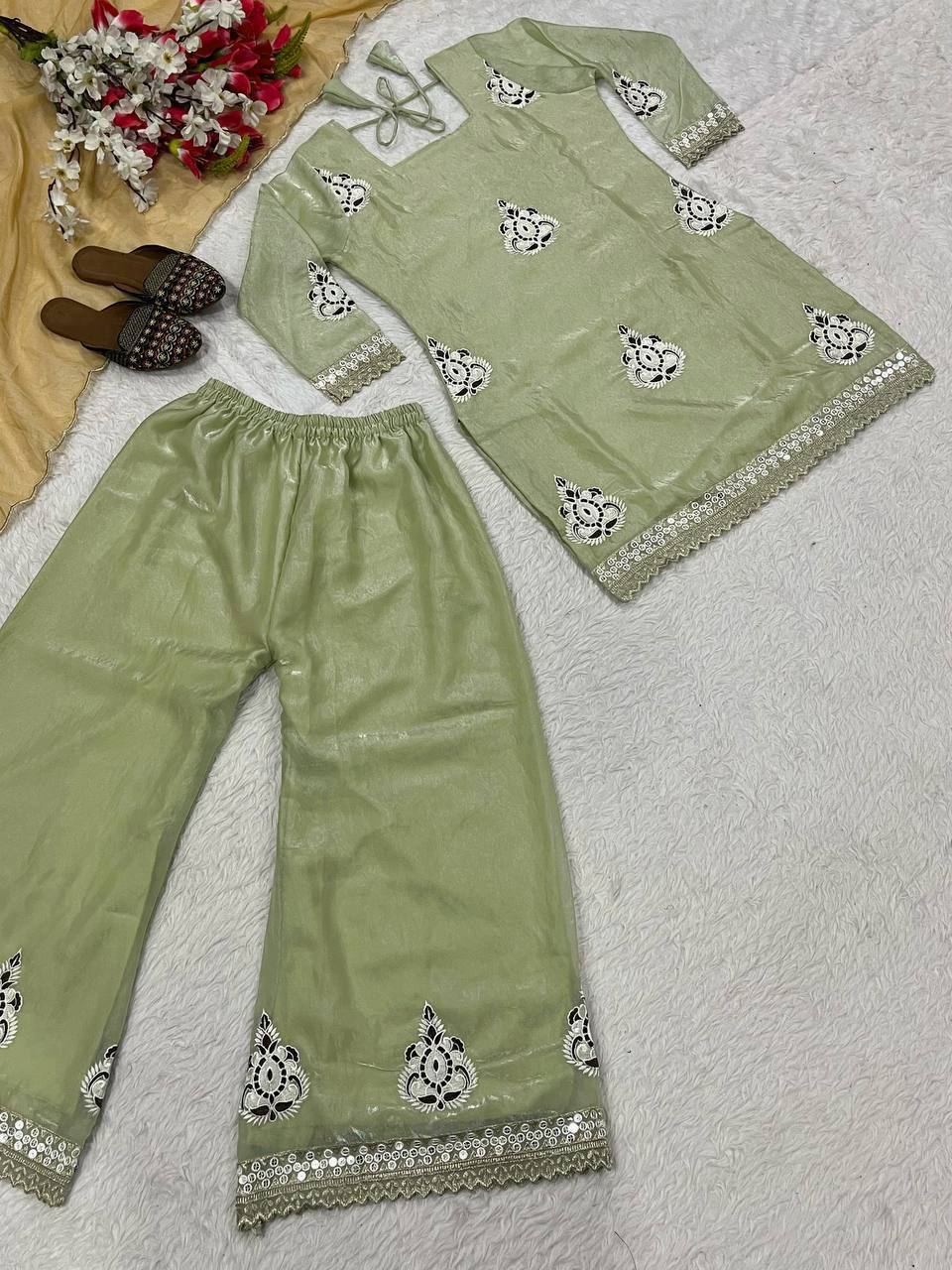 Lovely Light Green Color Embroidered Work Palazzo Suit