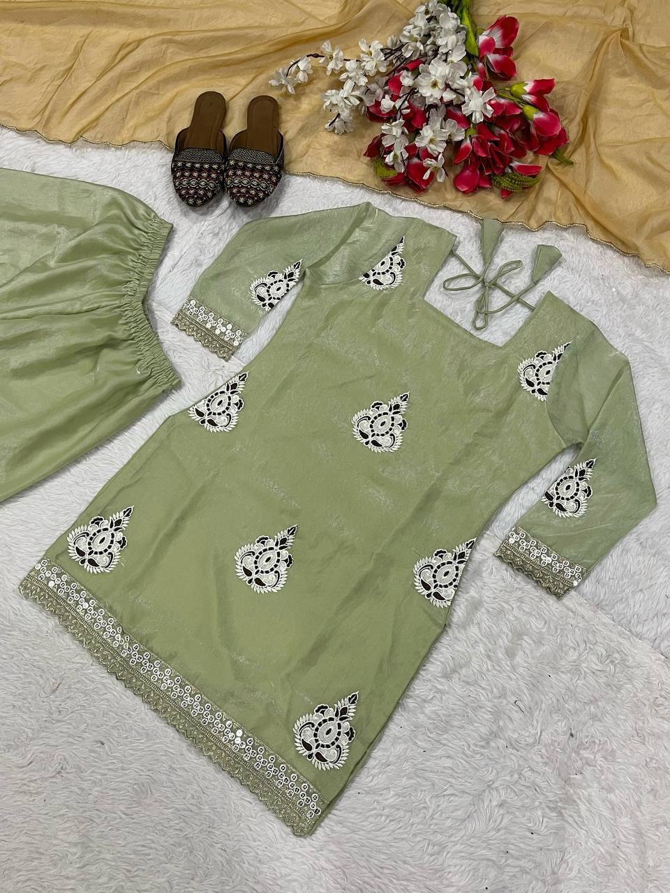 Lovely Light Green Color Embroidered Work Palazzo Suit