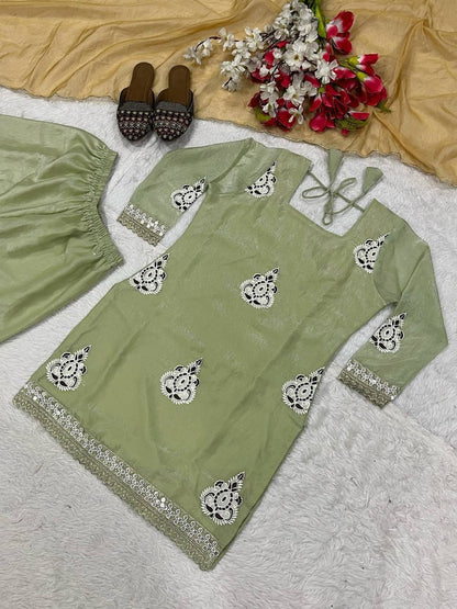 Lovely Light Green Color Embroidered Work Palazzo Suit