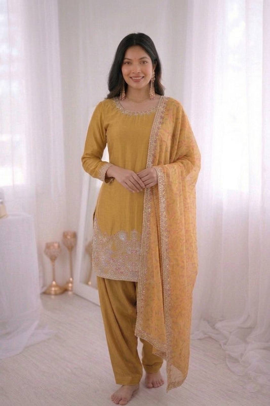 Awesome Yellow Color Heavy Lace Moti Work Farshi Suit