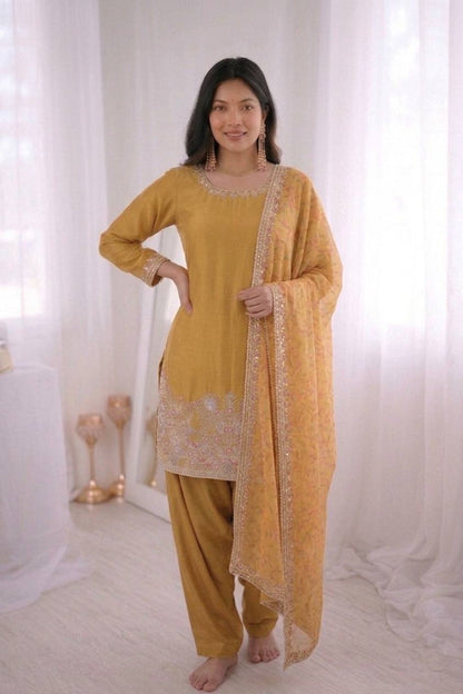 Awesome Yellow Color Heavy Lace Moti Work Farshi Suit