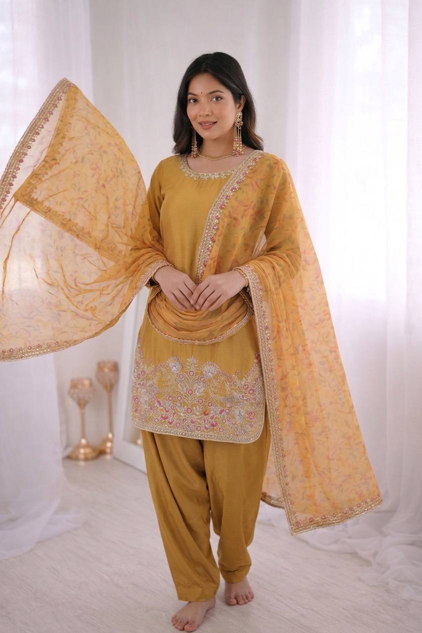 Awesome Yellow Color Heavy Lace Moti Work Farshi Suit