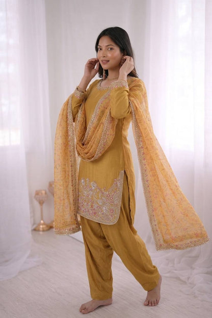 Awesome Yellow Color Heavy Lace Moti Work Farshi Suit
