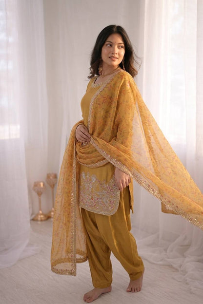 Awesome Yellow Color Heavy Lace Moti Work Farshi Suit