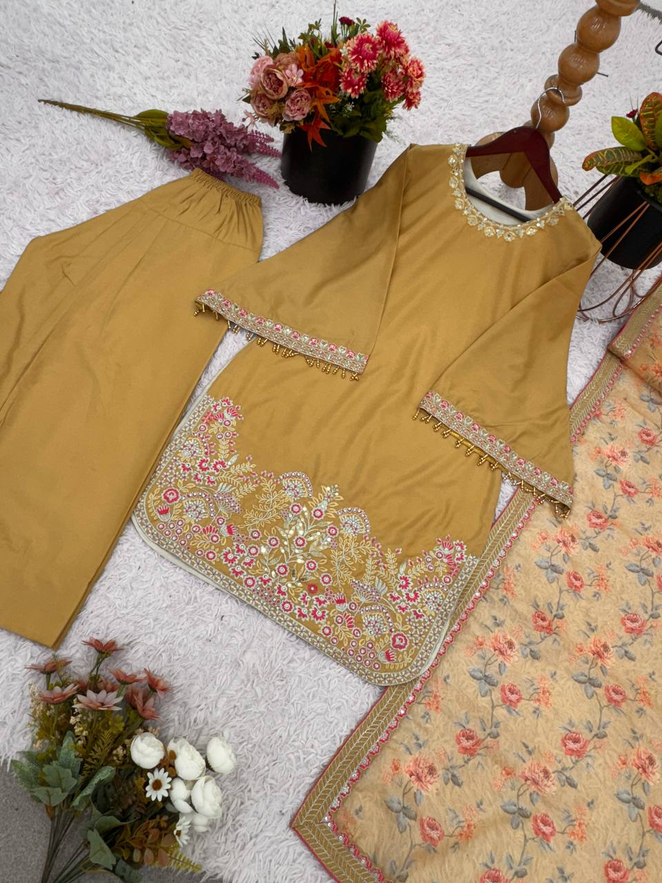 Awesome Yellow Color Heavy Lace Moti Work Farshi Suit