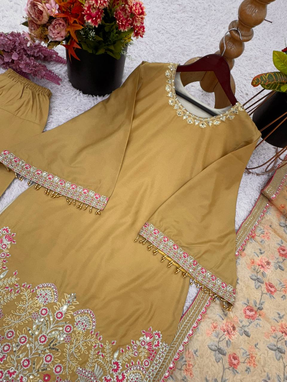 Awesome Yellow Color Heavy Lace Moti Work Farshi Suit