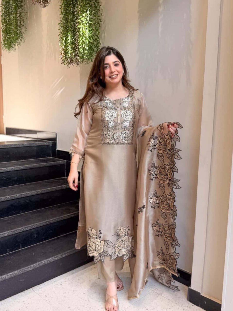 Shining Beige Color Mul Chanderi Thread Work Salwar Suit With Dupatta