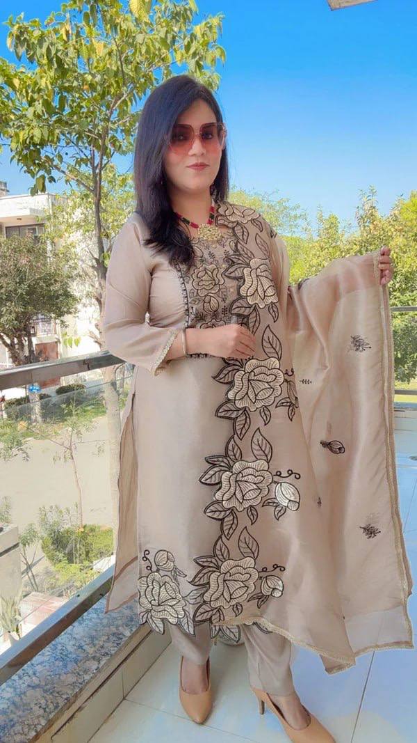 Shining Beige Color Mul Chanderi Thread Work Salwar Suit With Dupatta