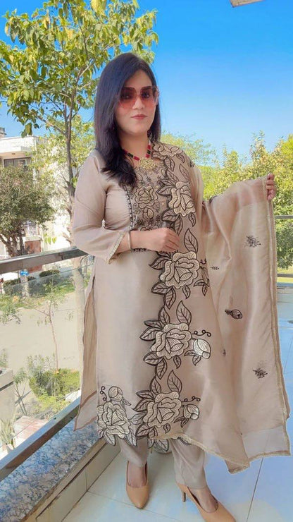 Shining Beige Color Mul Chanderi Thread Work Salwar Suit With Dupatta