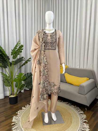 Shining Beige Color Mul Chanderi Thread Work Salwar Suit With Dupatta