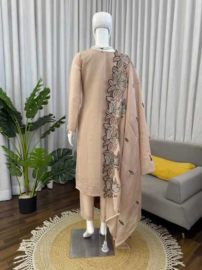 Shining Beige Color Mul Chanderi Thread Work Salwar Suit With Dupatta