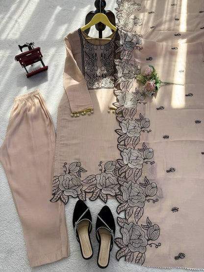 Shining Beige Color Mul Chanderi Thread Work Salwar Suit With Dupatta
