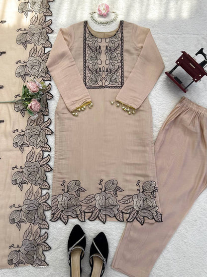 Shining Beige Color Mul Chanderi Thread Work Salwar Suit With Dupatta
