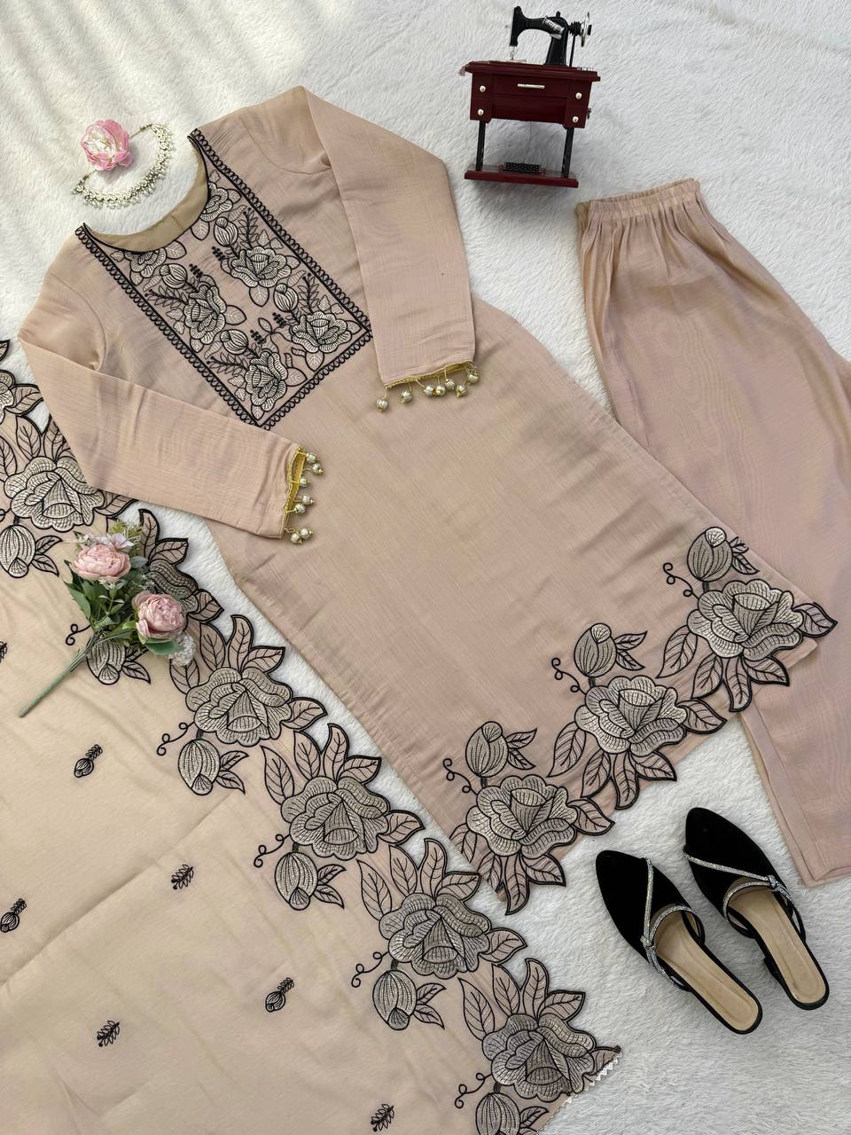 Shining Beige Color Mul Chanderi Thread Work Salwar Suit With Dupatta