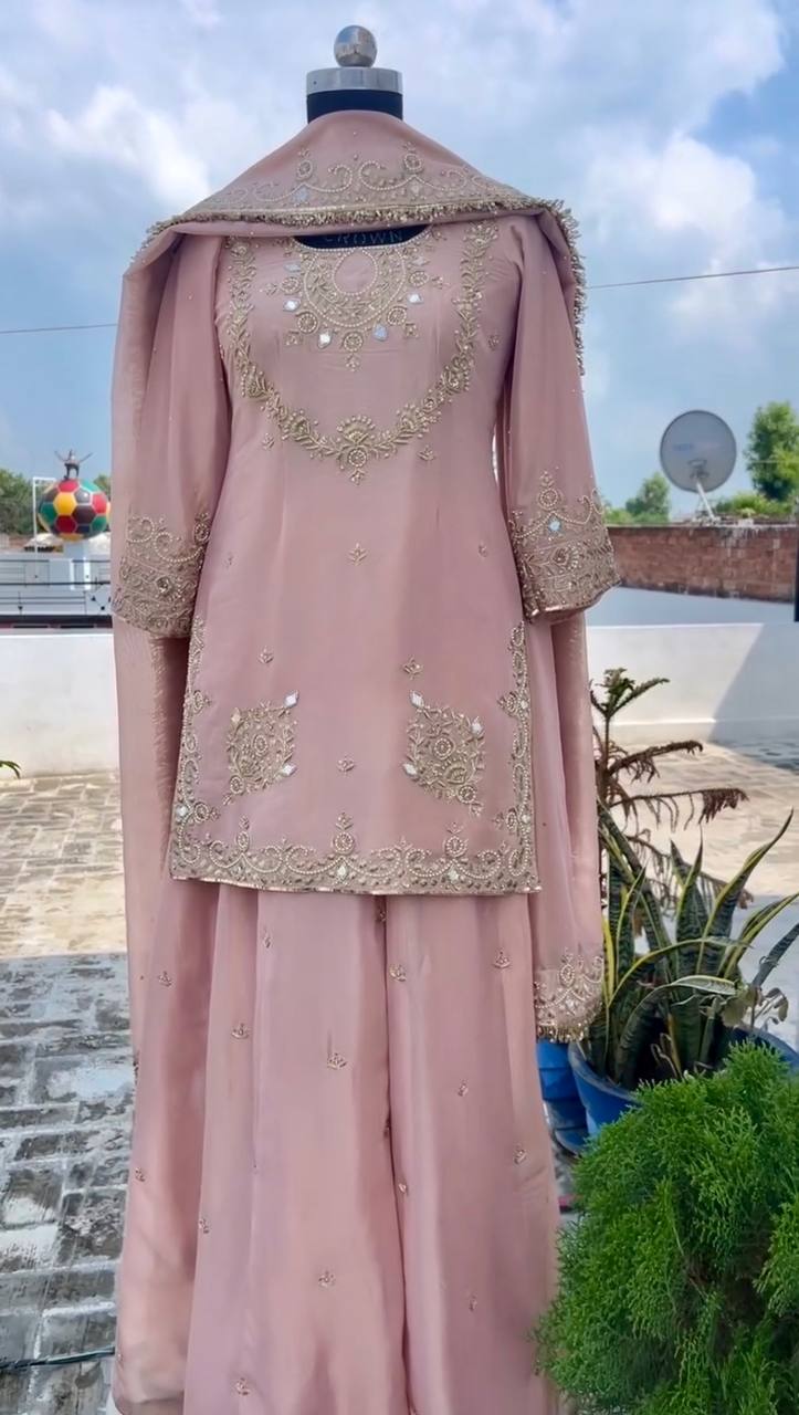 Gorgeous Light Pink Color Sequence Embroidered Palazzo Suit