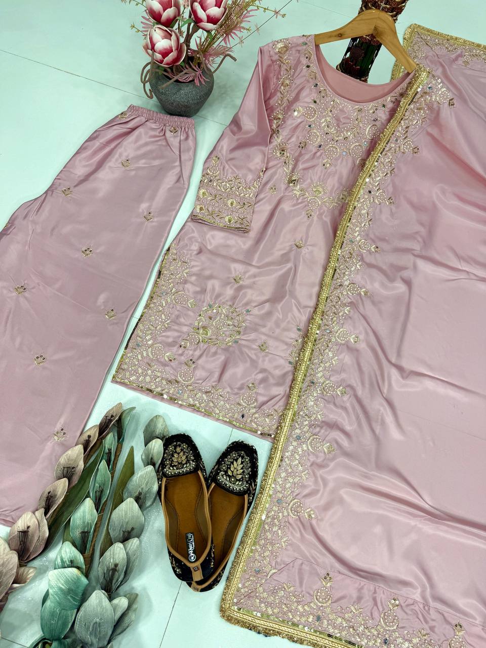 Gorgeous Light Pink Color Sequence Embroidered Palazzo Suit