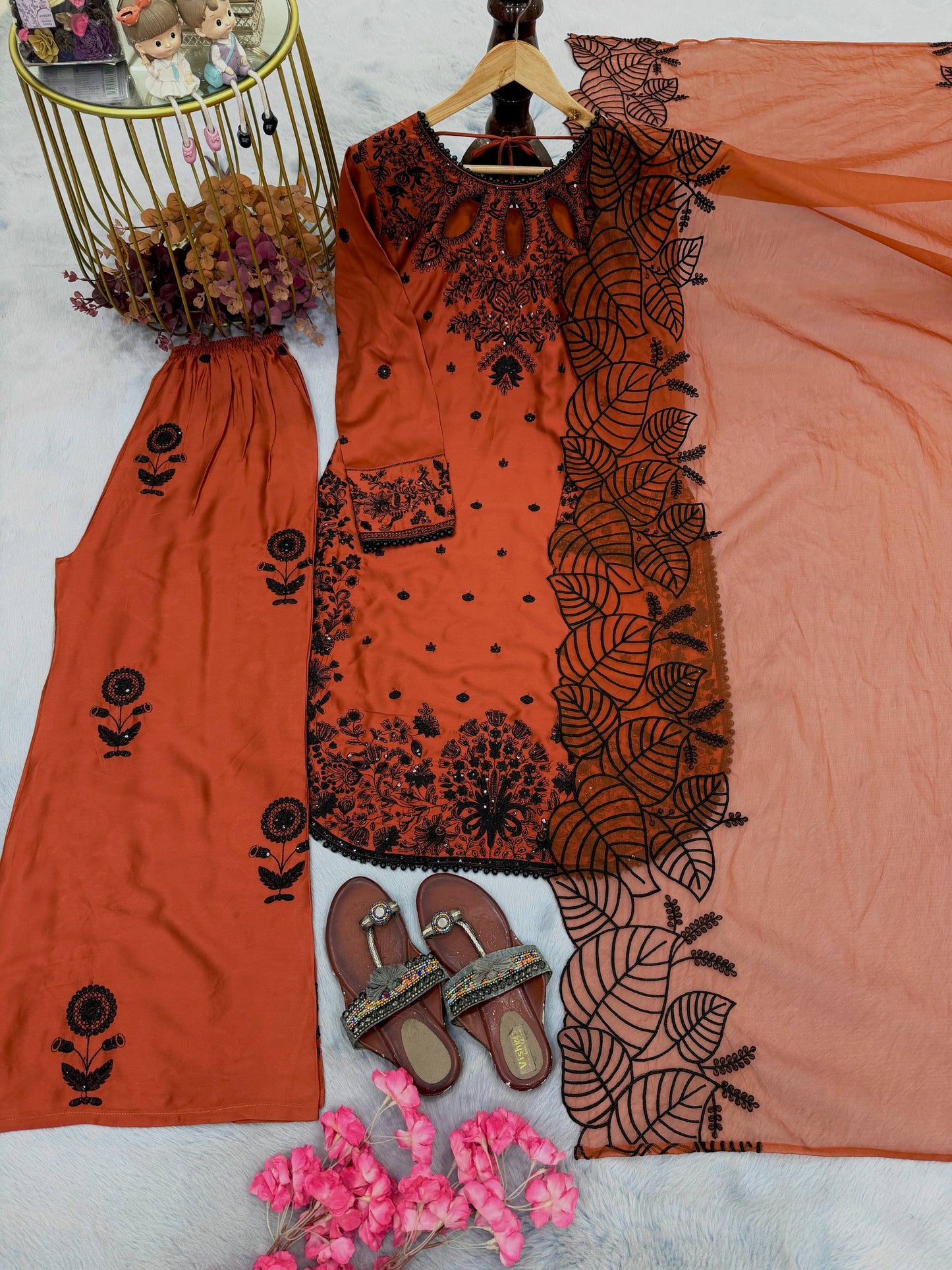 Stylish Brown Color Embroidered With Fancy Moti Latkan Palazzo Suit