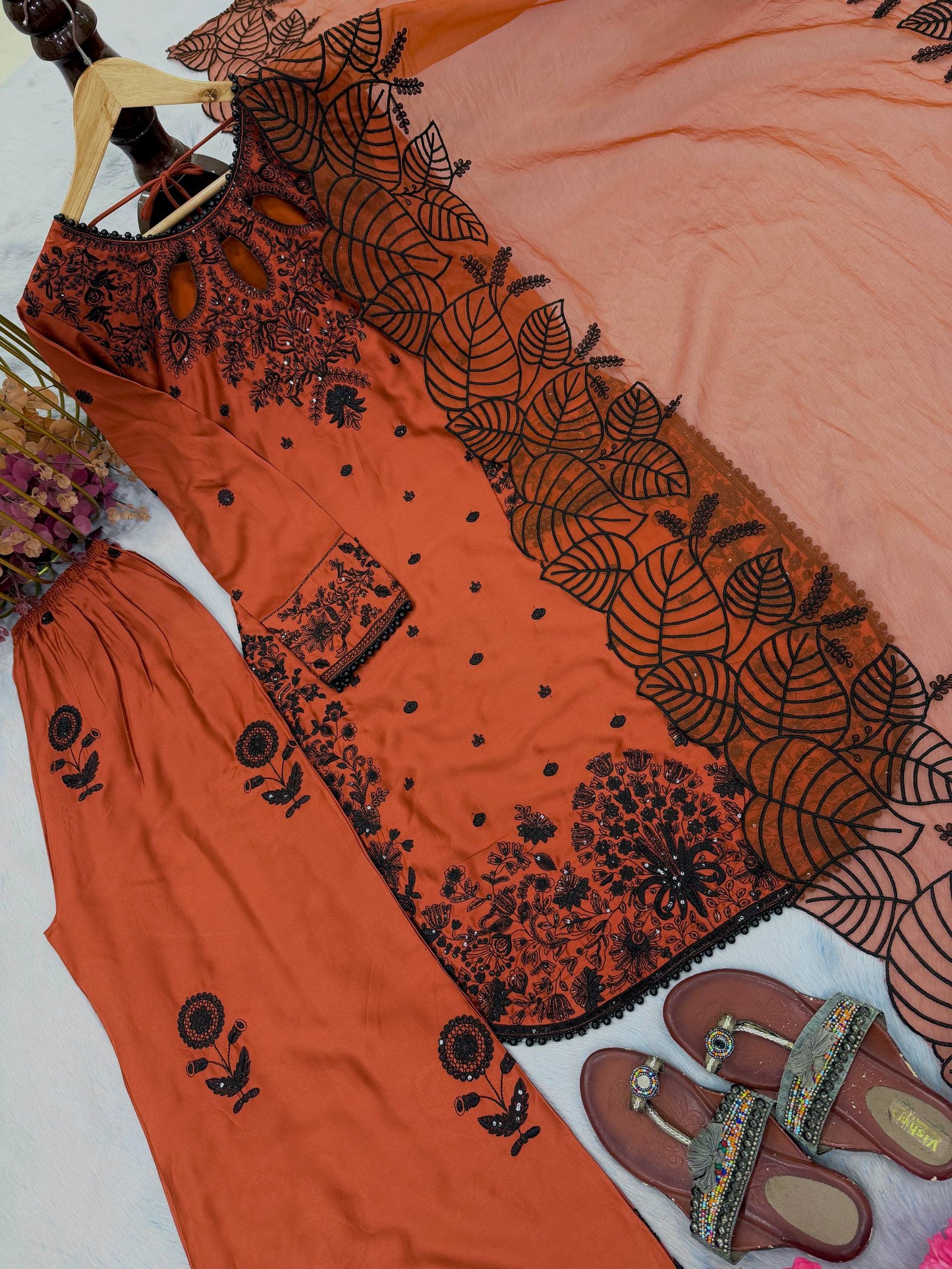 Stylish Brown Color Embroidered With Fancy Moti Latkan Palazzo Suit