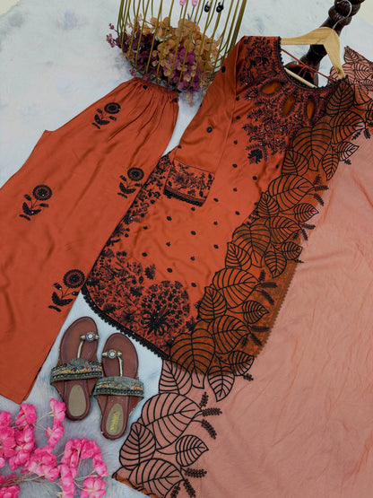 Stylish Brown Color Embroidered With Fancy Moti Latkan Palazzo Suit