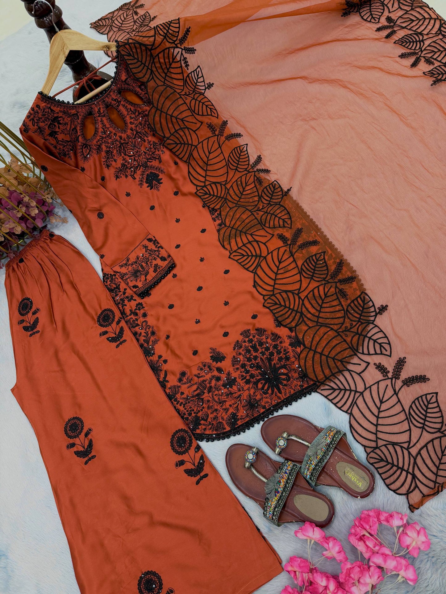 Stylish Brown Color Embroidered With Fancy Moti Latkan Palazzo Suit