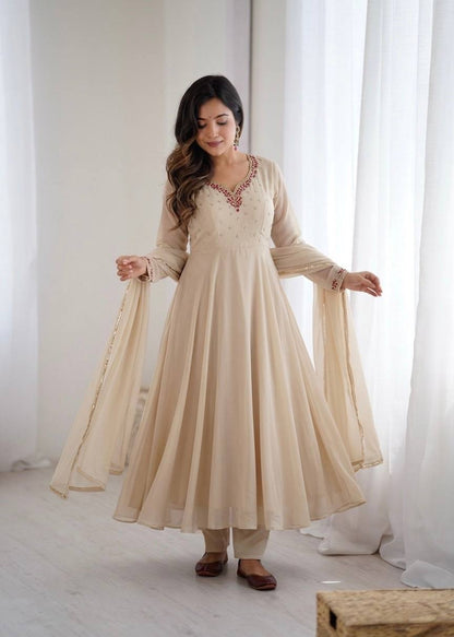 Bollywood Style Beige Color Princess Style Handwork Anarkali Gown
