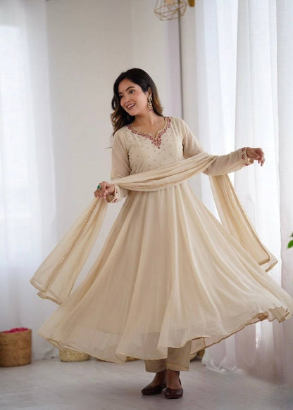 Bollywood Style Beige Color Princess Style Handwork Anarkali Gown