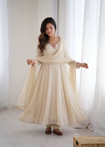 Bollywood Style Beige Color Princess Style Handwork Anarkali Gown